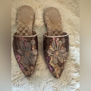 Birdies Rose Gold and Pink Floral Mules with Pointed Toe Beautiful Sequins sz 6